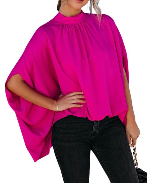 PRICES MAY VARY. [Material]-The cape sleeve shirt made with high quality material. soft to the touch and comfortable to wear.The Satin Fabric Ensures a Perfect Flowing Drape [Feature]- Half Short Batwing Sleeve Shirts / Dressy Oversized Shirt Tops / Mock Neck With Back Tie Knot / Cape Sleeve/Batwing Short Sleeve / Soft And Lightweight / Loose Fit / Solid Color [Matching]The Womens Summer Tops In a Loose Fit Shape Can Fits For All Body Shape Perfectly，You can pair this shirts with variety of jean Batwing Sleeve Top, Batwing Blouse, Batwing Sleeve Blouse, Harajuku Women, Round Neck Shirt, Bat Sleeve, Mini Robes, Loose Outfit, Loose Blouse