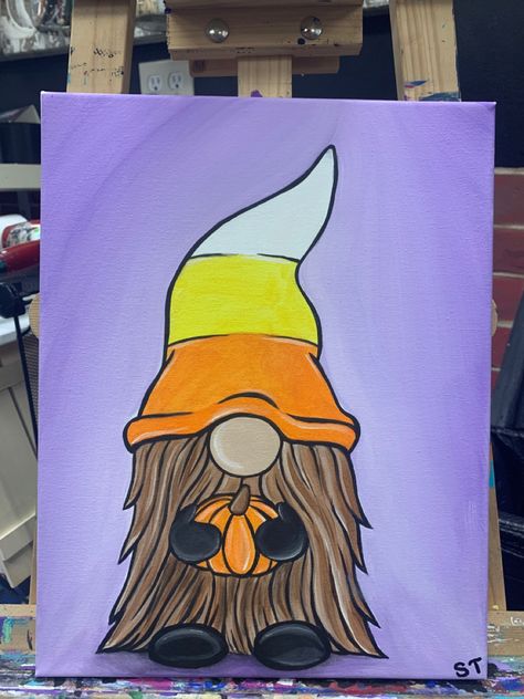 Halloween Nomes Painting, Halloween Small Paintings, Halloween Gnomes Drawings, Painting Fall Ideas On Canvas, Halloween Themed Paintings Easy, Fall Halloween Canvas Painting, Easy Paintings For Halloween, Gnome Halloween Painting, October Painting Ideas Easy