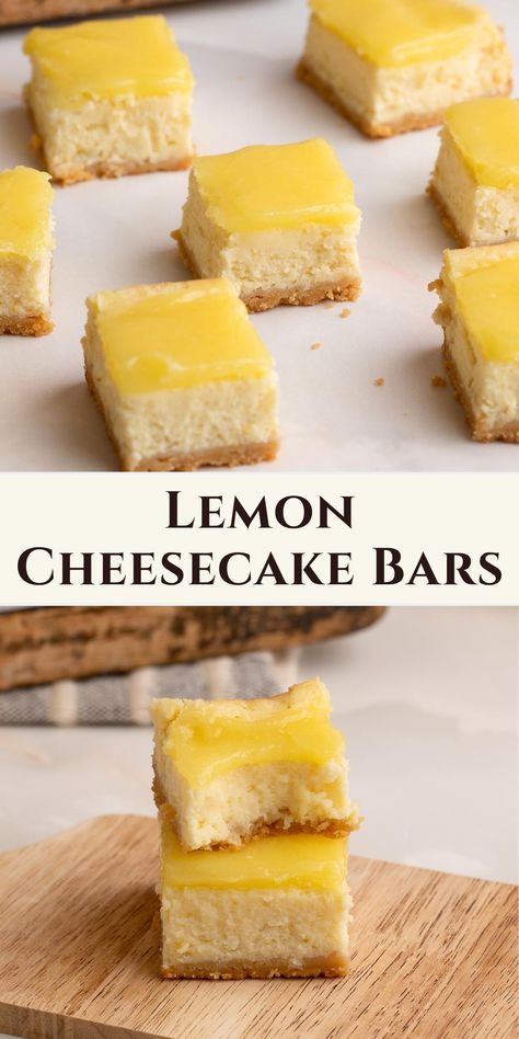 lemon cheesecake bars on parchment and stacked on serving platter. Lemon Cheesecake Brownies, Lemon Bar Cheesecake, Lemon Cheesecake Squares, Lemon Square Cheesecake, Lemon Breads, Cheesecake Square, Easy Lemon Cheesecake, Lemon Curd Cheesecake, Sweet Slices