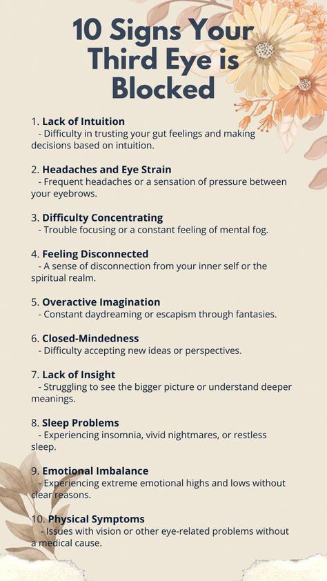 Is your intuition off or are you feeling disconnected from your spiritual self? These could be signs that your third eye is blocked. Learn to identify the 10 common symptoms of a blocked third eye, such as frequent headaches, difficulty concentrating, and emotional imbalance. Recognize the physical and mental indicators, like sleep problems and a lack of insight, that suggest your third eye chakra needs attention. Unlock the secrets to restoring your spiri #FoodHealthTipsHealthTips How To Unlock Your Third Eye, How To Open Your Third Eye, Truth Spell, Balance Chakras, Third Eye Awakening, Frequent Headaches, Chakra Chart, Money Spells That Work, Spiritual Eyes