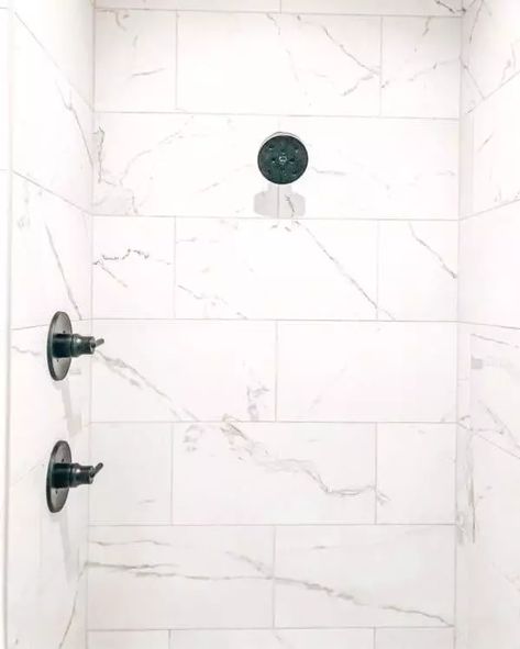 Tiles For Shower Walls, Tile Shower Shelf, Stone Shower Floor, Large White Tiles, Large Tile Bathroom, Master Shower Tile, Large Shower Tile, White Shower Tile, Marble Shower Walls