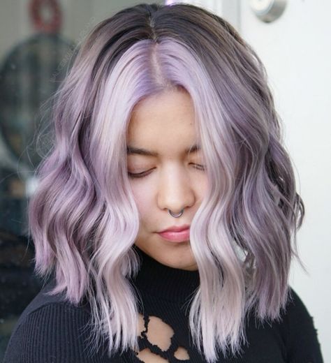 Medium Length Gray and Purple Hair Front Of Hair Dyed, Lilac Hair Dark Roots, Gray And Purple Hair, Medium Length Purple Hair, Lavender Gray Hair, Purple Peekaboo Hair, Purple Natural Hair, Purple Hair Streaks, Purple Blonde Hair