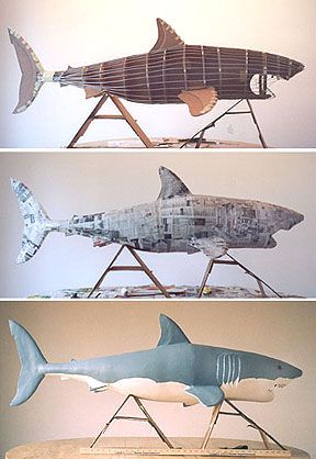 Paper mache shark. Definitely on the to-do list Paper Mache Projects, Paper Mache Animals, Folding Origami, Cardboard Sculpture, Paper Mache Sculpture, Paper Mache Art, Paper Mache Crafts, Cardboard Art, Orange Garland