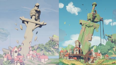 Simple Environment Concept Art, Ghibli Environment Art, 3d Stylized Environment, Ghibli Style Art, Ghibli Environment, Game Environment Art, Character Environment, 3d Environment Art, Game Landscape