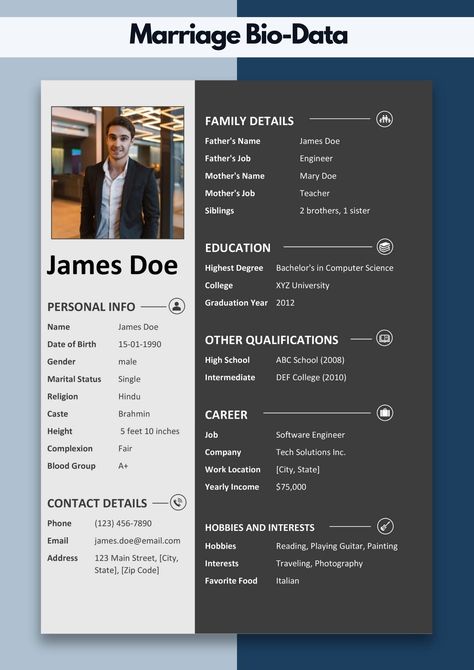 Biodata Proforma for Marriage | Format for Matrimonial Biodata Matrimonial Biodata Format, Marriage Biodata Format, Bio Data For Marriage, Abc School, Biodata Format, Bio Data, Blood Groups, University Graduation, Graduation Year