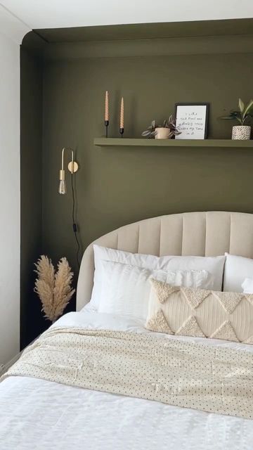 Green And Greige Bedroom, Olive Feature Wall Bedroom, Olive Green Beige Bedroom, Olive Green Aesthetic Room Ideas, Khaki Room Decor, Bedroom Colour Blocking, Olive Feature Wall, Khaki Room Ideas, Muted Green Accent Wall