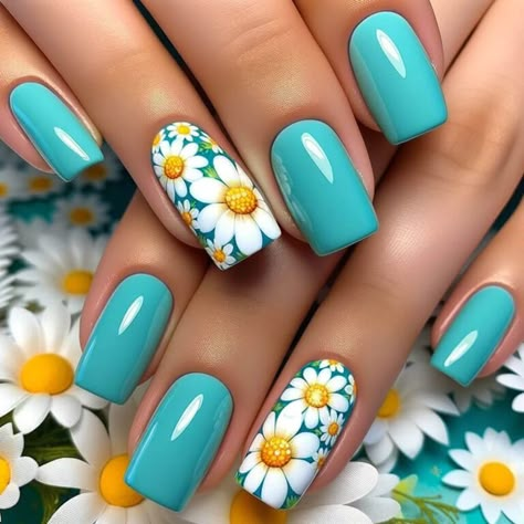 Daisy Acrylic Nails: Blooming Nail Designs for a Fresh Look - CozyLifeJournal Chic Nail Art, Sunflower Nails, Spring Acrylic Nails, Gel Nail Art Designs, Fancy Nails Designs, Daisy Nails, Pretty Nail Art Designs, Blue Nail, Trendy Nail Design