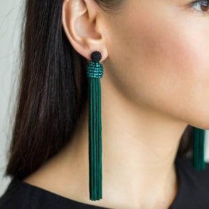 Green Tassel Earrings Fashion Fringe Earrings Long Tassel | Etsy Pink Statement Earrings, Green Tassel Earrings, Handmade Jewelry Business, Long Statement Earrings, Statement Stud Earrings, Emerald Green Earrings, Earrings Emerald, Beaded Tassel Earrings, Long Tassel Earrings