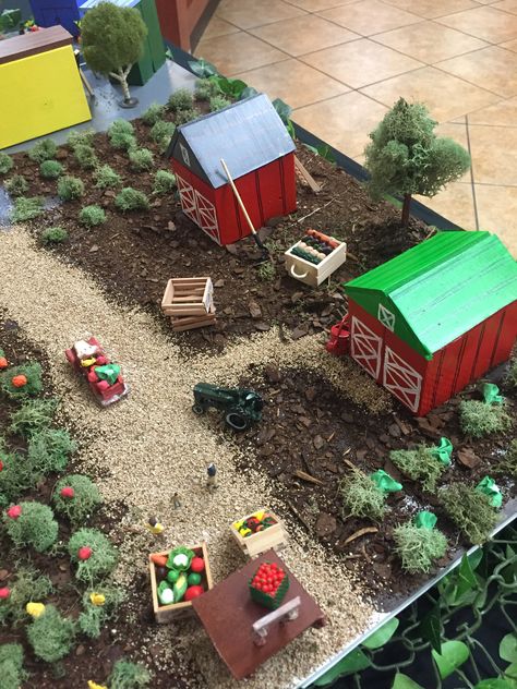 Mini Farm Garden Ideas, Farm Diorama Projects, Farm Diarama Ideas, Miniature Farm Diy, Farm Diorama Ideas For Kids, Farm School Project, Farm Miniature, Farm Diorama, Diorama Kids