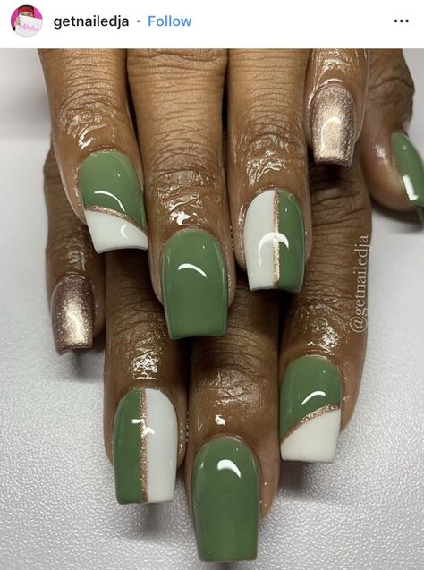 Army green nails Thanksgiving Nails Acrylic Short, Army Green Nails, Nails Acrylic Short Square, Thanksgiving Nails Acrylic, November Nail Designs, Acrylic Nail Designs Coffin, Silver Nail Designs, Gold Acrylic Nails, Nails Acrylic Short