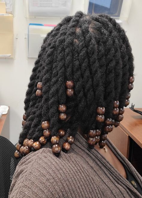 Starter Locs On Permed Hair, Big Twists Natural Hair, Natural Hair Twists With Beads, 4c Hair Twists, Beaded Locs, Extensions Black Hair, Twists With Beads, Braids Hairstyles Ideas, Afro Styles