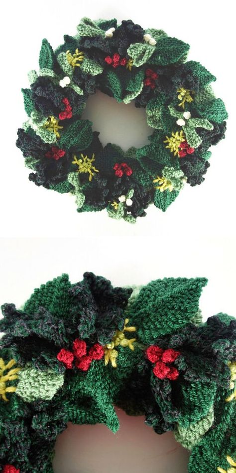 Decorative Christmas Rings Free Knitting Patterns Knitted Christmas Wreaths, Knitted Christmas Wreath, Crochet Christmas Wreaths, Knitted Christmas Gifts, Diy Crochet Ornaments, Knitted Decorations, Xmas Knitting, Crochet Wreaths, Crochet Wreath Pattern