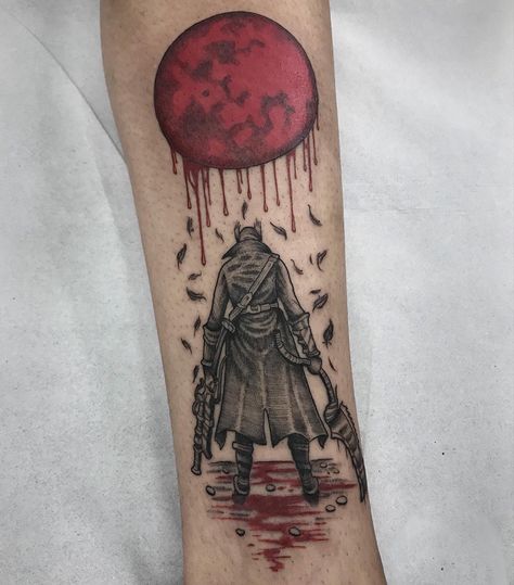 Bloodborne tattoo by Arthur Coury Small Dark Souls Tattoo, Fromsoftware Tattoo, Bloodborne Tattoo Design, Bloodborne Tattoo Ideas, Soulsborne Tattoo, Sekiro Tattoo, Bloodborne Tattoo, Souls Tattoo, Dark Souls Tattoo