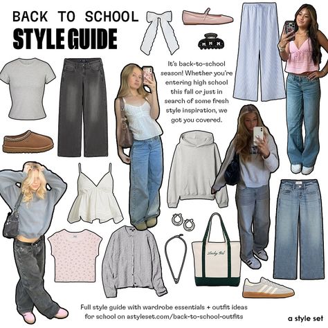 our back to school style guide is live on astyleset.com/back-to-school-outfits 💘 Shop our back-to-school style guide complete with cute and casual school outfit ideas and wardrobe essentials. Whether you’re entering high school this fall or just in search of some fresh style inspiration, we got you covered. #schooloutfits #backtoschool #fallfashion Back To School Outfits Bulletin Boards, Outfits For Back To School High School, Week Of School Outfits, School Clothes List, High School Outfit Ideas, 2025 Outfits, Casual School Outfit, Back To School Looks, School Outfits Fall