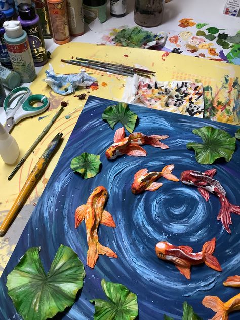 #koifish #3dpainting #clay #ceramics #koifishart #canvaspaintingideas #canvas Clay Fish, Painting Canvases, Dorm Ideas, 3d Painting, Fish Painting, Fish Art, Clay Ceramics, Koi Fish, Koi