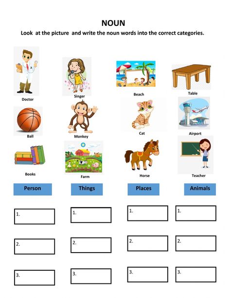 Nouns online worksheet for Grade 1. You can do the exercises online or download the worksheet as pdf. Nouns Worksheet Kindergarten, Nouns For Kids, Nouns Exercises, English Liveworksheet, Teaching Nouns, Nouns Activities, Presente Simple, Worksheets For Class 1, Materi Bahasa Inggris