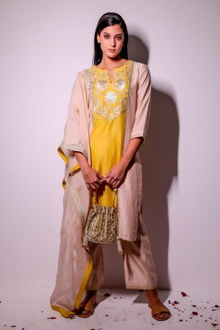 Shop for Radhika and Raghav Yellow Chanderi Falak Gota Embellished Kurta Set for Women Online at Aza Fashions