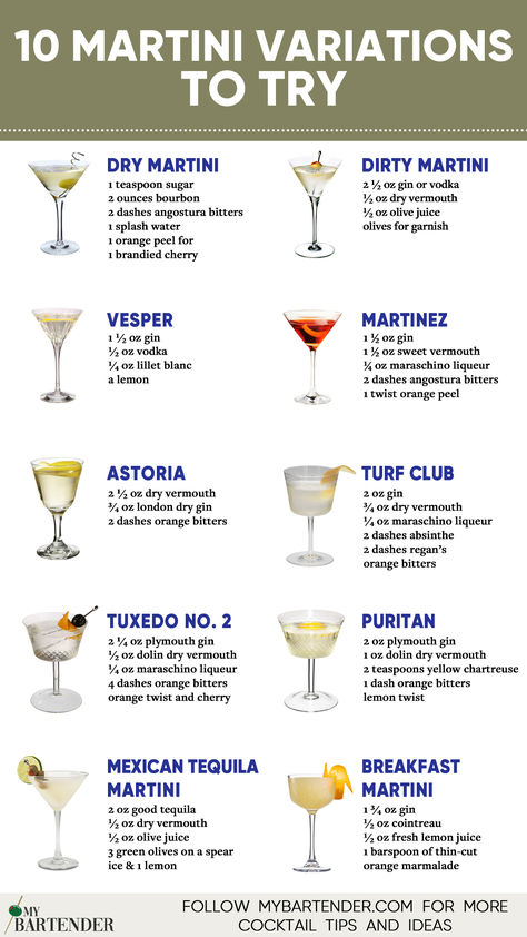 Martini Variations Martini With A Twist Recipe, Good Martini Recipes, Different Types Of Martinis, Yummy Martini Recipes, Martini Drinks Cocktail Recipes, New Years Martini Recipes, New Years Martini, Savory Martini Recipes, Martini Food Pairing