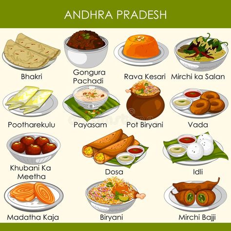 Illustration about Easy to edit vector illustration of delicious traditional food of Andhra Pradesh India. Illustration of kaja, assorted, buffet - 138204708 India Illustration, Food Calorie Chart, Food Map, Food Vocabulary, Food Infographic, State Foods, Food Charts, Easy Food Art, India Food