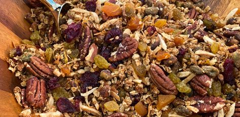 Coconut Maple Granola with Mixed Nuts and Dried Fruit by Geoffrey Zakarian Dried Fruit Recipe, Nuts And Dried Fruit, Savory Granola, Baked Coconut Shrimp, Maple Granola, Homemade Muesli, Dried Cherries, Granola Recipes, Mixed Nuts