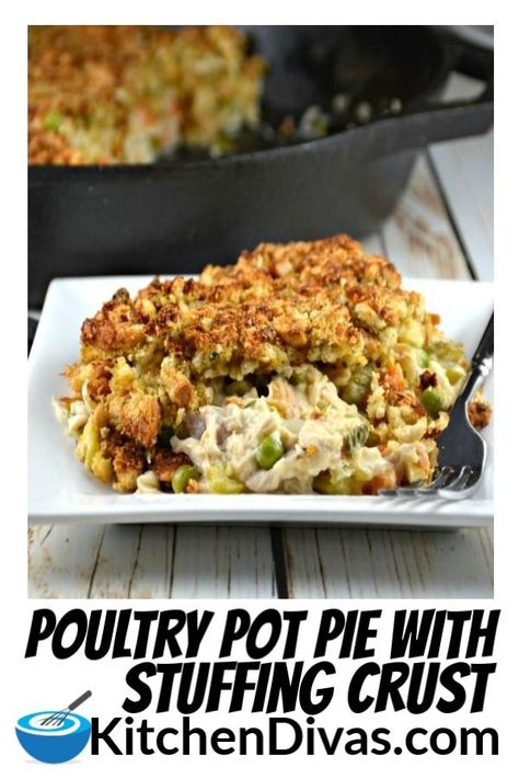 Chicken Pot Pie with Stuffing Crust is absolutely delicious!  A rotisserie or leftover chicken or turkey and a box or two of stuffing, or leftover stuffing, and you are almost ready to go!  #kitchendivas #easyleftoverturkey #easyleftoverchicken #thanksgivingleftverrecipe #chickenpie Chicken Pot Pie With Stuffing, Stuffing Crust, Leftover Stuffing Recipes, Dinner Pie, Best Chicken Pot Pie, Chicken Pot Pie Casserole, Thanksgiving Leftover Recipes, Turkey Pot, Turkey Pot Pie