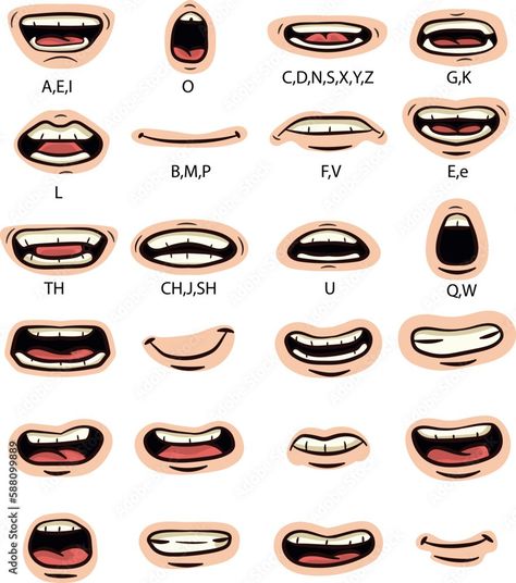 Lip sync character mouth animation.Mouth animation set. Lip sync, speaking mouth of cartoon character pronouncing sounds. Flat vector illustration for speaking articulation, English language studying Stock Vector | Adobe Stock Mouth Chart Character Design, Flat Cartoon Illustration, Mouth Lip Sync Reference, Mouth Speaking Drawing, Animation Mouth Chart, Cartoon Character Design References, Animation Mouth, Lip Sync Animation, Character Mouth