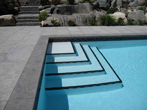 Swimming pool steps Swimming Pool Stairs Design, Tiled Pool Steps, Pool Steps Tile Ideas, Pool Stairs Design, Swimming Pool Steps Design, Pool Stairs Inground, Pool Step Tile Ideas, Tile On Pool Steps, Pool Steps Ideas