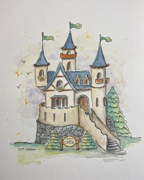 Castle Drawing, Fantasy Castle, Fairy Houses, Fantasy Illustration, Instagram Art, Fairy Tail, Fantasy Art, Castle, Drawings