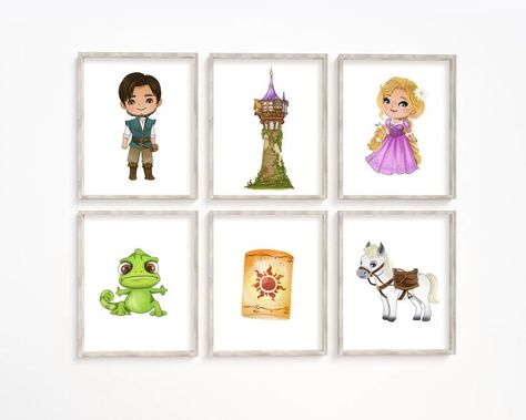 Six wooden framed pictures on a white wall. Each frame features an illustration from the Disney movie Tangled including Rapunzel, Flynn, Rapunzel’s Tower, Max the horse, Pascal the lizard and a paper lantern bearing the sun symbol used in the movie. Tangled Nursery, Princess Themed Nursery, Rapunzel Room, Disney Princess Nursery, Disney Themed Nursery, Star Wars Nursery, Disney Bedrooms, Nursery Illustration, Princess Nursery