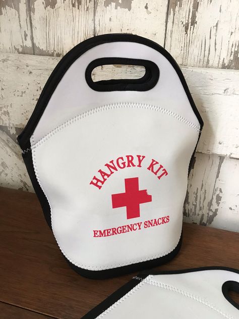 Hangry Kit Emergency Snacks Lunch Tote- Personalized Lunch Bag -Hangry Friend/Coworker Gift Idea- Funny Lunchbag- Neoprene Lunch Box/Bag by LarissaMadeThis on Etsy Nurse Lunch Bag, Personalized Lunch Bags, Lunch Kit, Lunch Tote Bag, Kit Ideas, Lunch Box Bag, Insulated Bags, Lunch Tote, Snack Bags