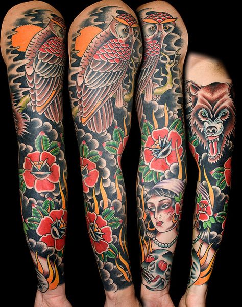 Traditional Tattoo Sleeve Filler, Traditional Tattoo Filler, Owl Tattoo Sleeve, American Traditional Sleeve, Sleeve Filler, Tattoo Sleeve Filler, Traditional Ideas, Tattoo Filler, Traditional Sleeve