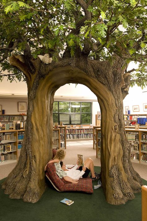 Casa Fantasy, Bookstore Cafe, Childrens Library, Fake Trees, Book Cafe, Concrete Art, Library Decor, Steel Art, Library Design