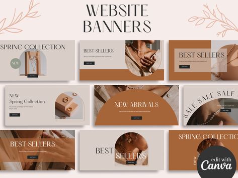 Boho Website Banner Templates - a time-saving solution for creating professional-looking website banners for your website!  Tired of spending countless frustrating hours trying to create the perfect banners for your website? Using these banner templates, with just a few clicks, you can create a stunning online brand presence that will draw customers to your website. This template includes 18 designs, each with one version for mobile and desktop. This template also includes free Canva stock images that you're welcome to use, or you can replace them with your own images. Banners included in this template: ☆ Best Sellers ☆ New Arrivals ☆ Sale ☆ Back in stock Specs: ☆ Desktop Banners: 2400px x 1150px ☆ Mobile Banners: 775px x 1000px To edit the templates, simply create a free or Pro Canva acco Webpage Banner Design, Fall Website Banner, Banner Image For Youtube, New Arrivals Banner, Mobile Banner Design, Blog Banner Design, Gif Website, Diy Banners, Site Banner