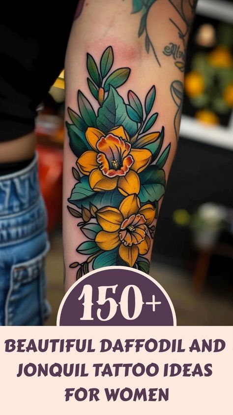 Discover beautiful March Birth Flower tattoo ideas for women! From delicate small designs to vibrant thigh or sleeve options, find inspiration for your next ink. Consider Daffodil and Jonquil tattoo design ideas for a touch of spring all year round. Whether you prefer traditional or neo-traditional styles, there's a perfect floral tattoo waiting for you. Explore different color palettes and placement suggestions to create a unique piece that reflects your personality. Daffodil Color Tattoo, Color Daffodil Tattoo, American Traditional Daffodil Tattoo, Jonquil Tattoo, Jonquil Flower Tattoo, Art Nouveau Floral Tattoo, Flower Tattoo Ideas For Women, March Birth Flower Tattoo, Birth Flower Tattoo Ideas