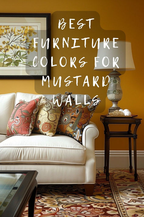 Do You Have Mustard Walls? Click To Explore The Top Furniture Colors That Complement This Bold Shade! 🛋️🎨 #HomeDecor #MustardWalls #FurnitureColors #InteriorDesign #ColorMatching Mustard And Orange Living Room, Mustard Wall Living Room, Mustard Living Room Walls, Mustard Yellow Walls Living Room, Colors That Go With Mustard Yellow, Mustard Walls Living Room, Yellow Sitting Room, Wall Paint Color Schemes, Ochre Walls