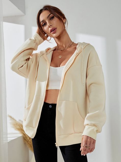 Beige Casual Collar Long Sleeve Polyester Plain Zip Up Embellished High Stretch  Women Sweatshirts Zipper Jacket Outfit, Zip Hoodie Outfit, Pretty Cardigans, Jacket Outfit Women, Womens Sweatshirts Hoods, Women Sweatshirts, Hoodie Outfit, Zipper Jacket, Drawstring Hoodie