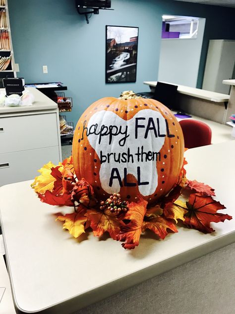 Dental Office Pumpkin Ideas, Fall Orthodontic Marketing, Dental Office Chalkboard Ideas, Dental Chalkboard Ideas, Fall Dental Marketing Ideas, Dental Pumpkin Carving Ideas, Dental Office Halloween Decor, Pumpkin Painting Ideas Dental, Dental Themed Pumpkins