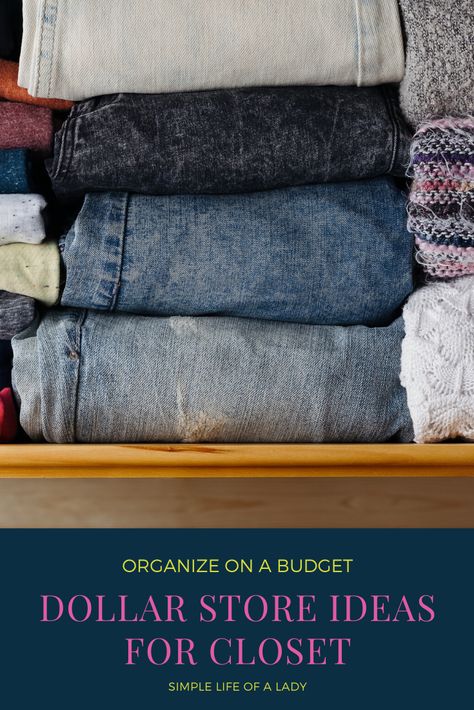 Organizing the closet doesn't have to be expensive. Here's how to organize your closet with just one trip to the dollar store! Pant Storage Ideas, Ideas For Organizing Closets, Dollar Tree Clothing Organization, Hoodie Closet Organization, Tshirt Organization Closet Storage, Closet Tshirt Organization Ideas, Storing Jeans In Closet, Best Way To Organize Jeans, Shirt Organization Closet