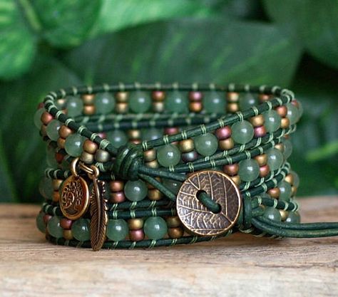 Aventurine Gemstone Seed Bead Leather Multi Wrap Bracelet Multi Wrap Bracelet, Beaded Leather Wraps, Beaded Leather Bracelet, Gelang Manik, Beads Bracelet Design, Beaded Wrap Bracelets, Handmade Jewelry Designs, Hippie Jewelry, Bead Leather