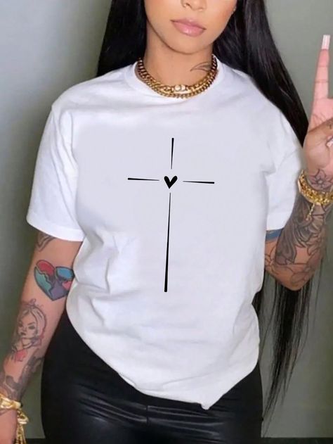 White Casual Collar Short Sleeve Fabric Heart  Embellished Slight Stretch Summer Women Plus Clothing Urban T Shirt Design, Simple Tshirt Design Ideas, Simple Tshirt Design, Cricut Clothing, Heart And Cross, Christian Clothing Brand, Christian Tee Shirts, Cross Shirt, Womens T Shirts