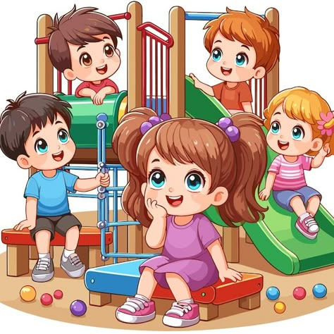 Happy cartoon kids playing vector illust... | Premium Vector #Freepik #vector #dog #cartoon #childhood #playground Kids Playing Illustration, Cartoon Childhood, Illustration Children, Logo Character, School Wall Art, Happy Children, Dog Cartoon, Flower Painting Canvas, Happy Cartoon