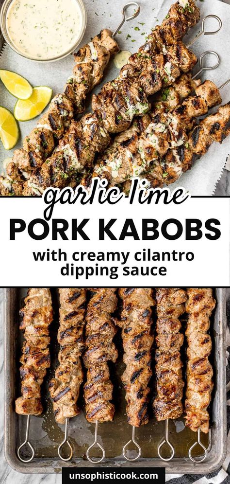 Need a wow-worthy new grilling recipe for your next cookout? These delicious garlic lime pork kabobs totally fit the bill! Juicy grilled pork tenderloin cubes infused with the BEST honey garlic lime marinade, AND the pork marinade doubles as the base for an out of this world creamy cilantro sauce... | pork kabob marinade | kabob recipe pork | pork kabobs on the grill | grilled pork skewers | marinade recipes for pork | pork kebabs recipe Pork Skewers Marinade, Pork Kabobs On The Grill, Pork Kabob Marinade, Beef Kabob Marinade, Bbq Meals, Shish Kebabs, Kabob Marinade, Lime Marinade, Pork Kebabs