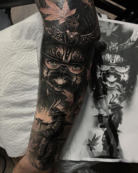 Samurai for Darren 🍁 thank you  Sponsored by  @worldfamousink  @inkbooster  @swashdrive_tattoo_official  @ghostcartridges  @stencilstuff Samurai Tattoo On Leg, Samurai Leg Tattoo Men, Japanese Forearm Tattoo For Men, Samurai Forearm Tattoo, Full Leg Tattoo Men, Japanese Art Tattoo, Jacob Tattoo, Samurai Sleeve, Japanese Forearm Tattoo