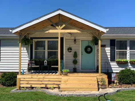 Landscaping Ideas For Front Of House Mobile Home, Front Decks On Mobile Homes, Front Porch Ideas Trailer House, Outdoor Remodel Ideas, Back Porch Ideas Covered Mobile Home, Garden Tub Mobile Home, Porch On Mobile Home Single Wide, Singlewide Trailer Front Porch, Front Porch For Modular Home