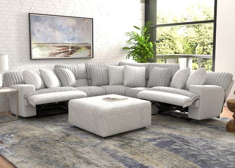 Experience unparalleled comfort and style with the Kayen Power Reclining Sectional. Crafted with super soft faux fur and modern track arms, this sectional offers a contemporary yet cozy feel. With USB ports and power buttons on the arms, staying connected is effortless. Its extra wide T-cushion design provides ample seating space, while its modular construction allows for versatile arrangement. Elevate your living space with the Kayen – where luxury meets functionality. ​Sectional includes wedge Couch For Open Floor Plan, Sectional Reclining Sofa, Sectional Couch With Recliner, Sectional Recliner Living Room, Couch And Recliner Layout, Sectional And Recliner Living Room, Recliner Sofa Living Room Decor, Modern Contemporary Sectional Sofa, Virginia Apartment