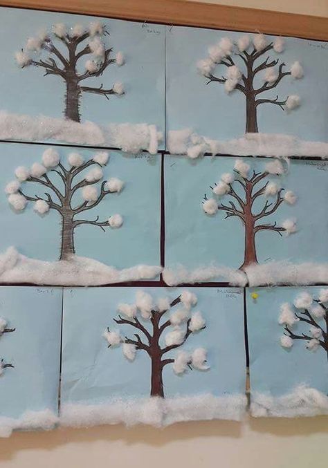 Craft Ideas For Elementary Students, Craft With Cotton, Winter Craft Ideas, Winter Tree Crafts, Winter Crafts For Toddlers, Funny Crafts, Snow Crafts, Flower Crafts Kids, Seasons Activities