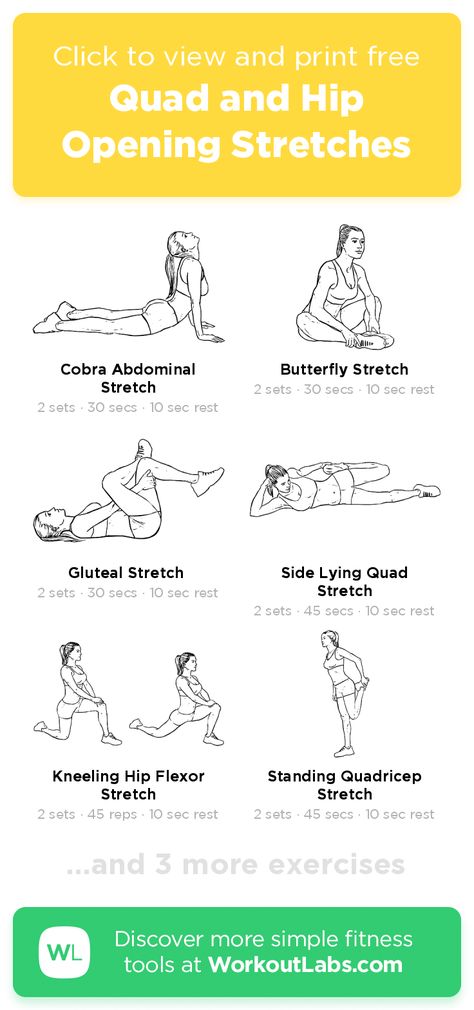 Quad and Hip Opening Stretches – click to view and print this illustrated exercise plan created with #WorkoutLabsFit Squats Exercise, Hip Opening Stretches, Workoutlabs Fit, Leg Stretches, Gym Things, Hamstring Exercises, Types Of Squats, Legs Exercise, Workout Labs