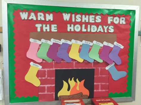 Fireplace bulletin board for daycare December Bulletin Boards, Holiday Bulletin Boards, Christmas Bulletin Boards, Classroom Christmas Decorations, Christmas Bulletin Board, Preschool Bulletin, Christmas Bulletin, Preschool Bulletin Boards, Preschool Christmas