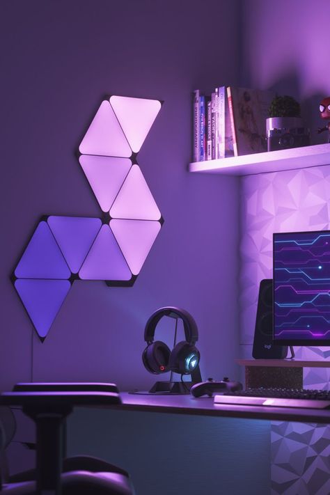 Nanoleaf Shapes Black Triangle Light Panels mounted in a gaming setup Nanoleaf Designs, Gamer Room Design, Nanoleaf Lights, Gaming Computer Room, Deco Gamer, Simple Bed Designs, Small Game Rooms, Double Bed Designs, Best Gaming Setup