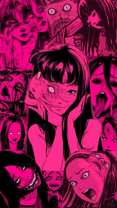 a lil collage of my girl tomie Pink And Black Aesthetic Grunge, Junji Ito Aesthetic, Black Aesthetic Grunge, Pink Grunge Aesthetic, Pink Hello Kitty Wallpaper Iphone, Japanese Wallpaper Iphone, Pink Grunge, Special Wallpaper, Gothic Wallpaper